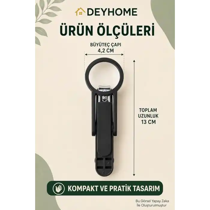 3X Büyüteçli Paslanmaz Çelik Tırnak Makası, Törpülü ve Sıçrama Önleyici, Rahat Tutuşlu Siyah