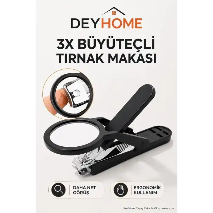3X Büyüteçli Paslanmaz Çelik Tırnak Makası, Törpülü ve Sıçrama Önleyici, Rahat Tutuşlu Siyah