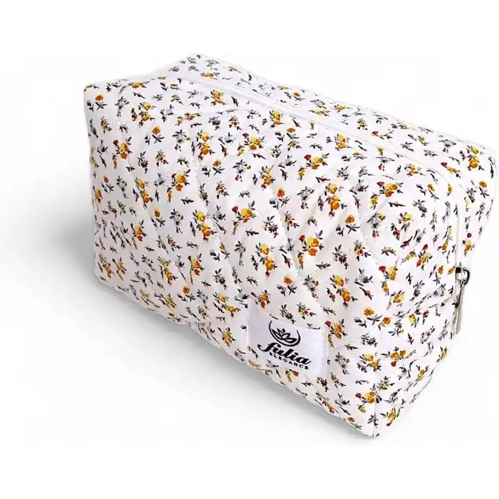 Makyaj Çantası | Makeup Bag | Kapitone Bakım Seyahat Kozmetik Çantası (Beyaz-Sarı)