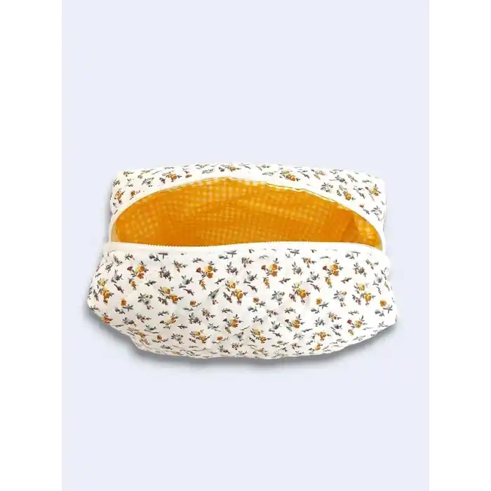 Makyaj Çantası | Makeup Bag | Kapitone Bakım Seyahat Kozmetik Çantası (Beyaz-Sarı)