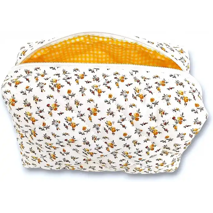Makyaj Çantası | Makeup Bag | Kapitone Bakım Seyahat Kozmetik Çantası (Beyaz-Sarı)