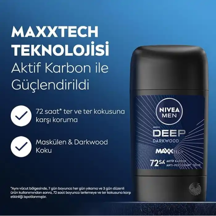 NIVEA MEN Erkek Stick Deodorant Deep Dimension 50 ml,72 Saat Ter ve Ter Kokusuna Karşı Anti Perspirant Koruma,Aktif Karbon