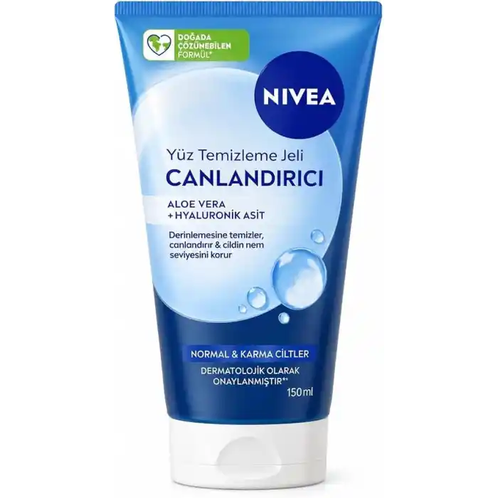 NIVEA Canlandırıcı Yüz Temizleme Jeli 150 ml,Aloe Vera,Hyaluronik Asit,Normal ve Karma Ciltler