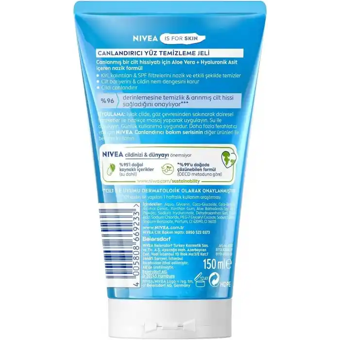 NIVEA Canlandırıcı Yüz Temizleme Jeli 150 ml,Aloe Vera,Hyaluronik Asit,Normal ve Karma Ciltler