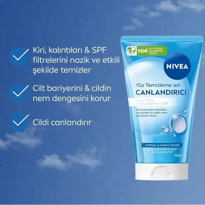 NIVEA Canlandırıcı Yüz Temizleme Jeli 150 ml,Aloe Vera,Hyaluronik Asit,Normal ve Karma Ciltler