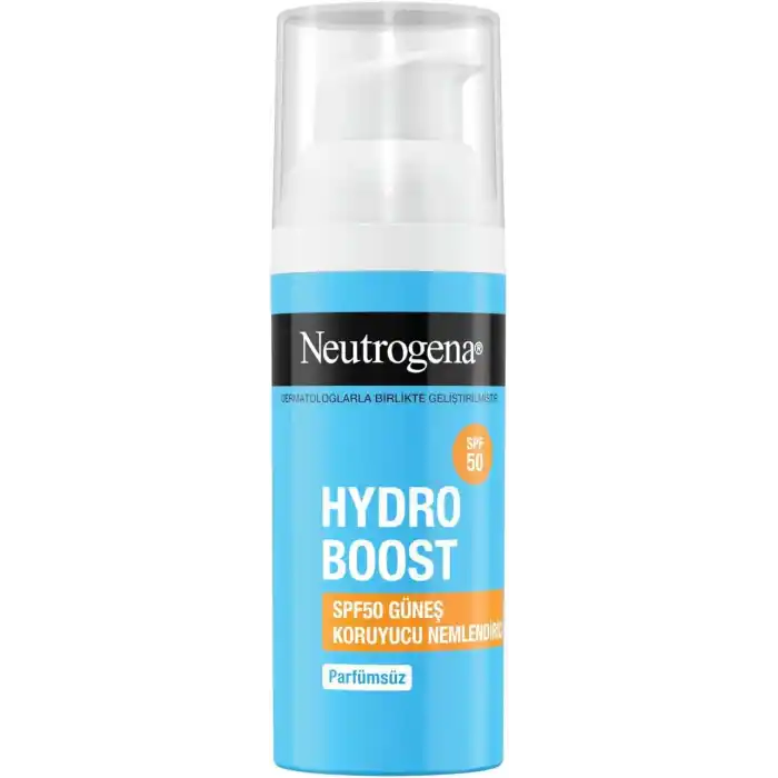 Neutrogena – Nemlendirici Fluid Hydro Boost SPF 50 (50 ml pompalı şişe) — Hyalüronik asit, provitamin B5 ve niasinamid içeren yüz bakımı — Güneş korumalı nemlendirici bakım