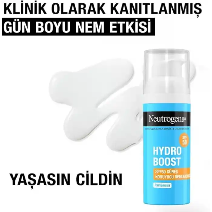 Neutrogena – Nemlendirici Fluid Hydro Boost SPF 50 (50 ml pompalı şişe) — Hyalüronik asit, provitamin B5 ve niasinamid içeren yüz bakımı — Güneş korumalı nemlendirici bakım