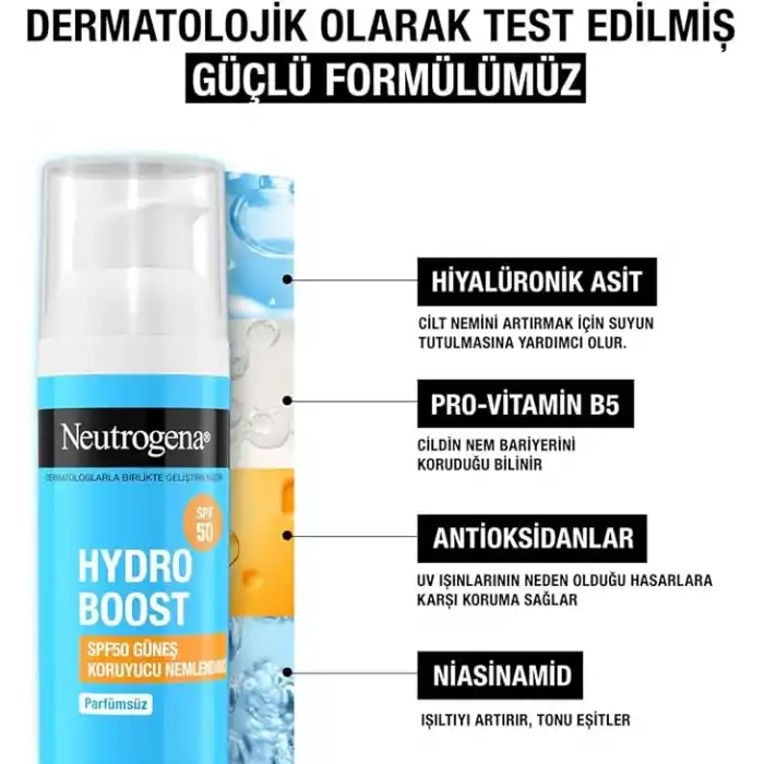 Neutrogena – Nemlendirici Fluid Hydro Boost SPF 50 (50 ml pompalı şişe) — Hyalüronik asit, provitamin B5 ve niasinamid içeren yüz bakımı — Güneş korumalı nemlendirici bakım