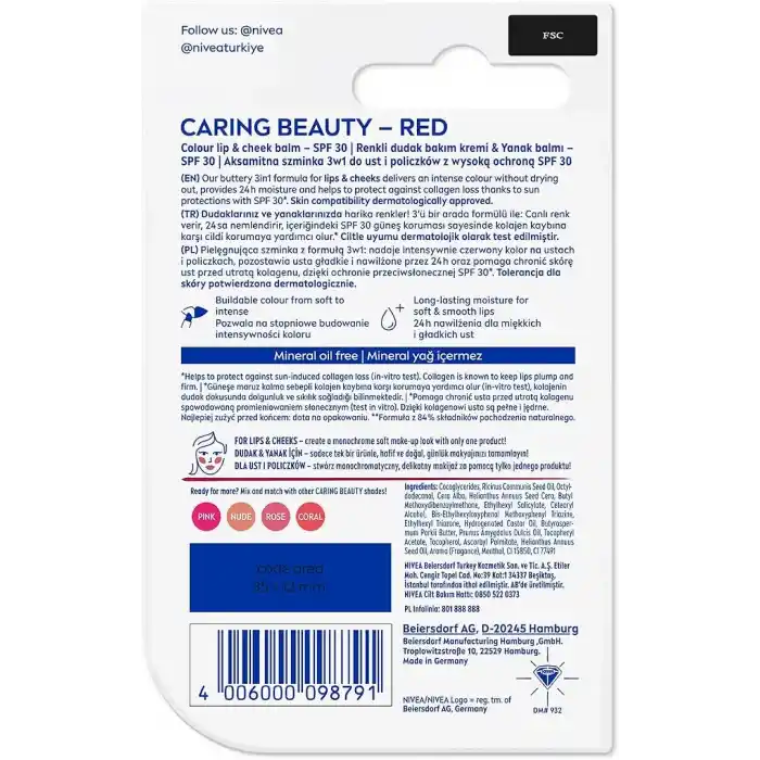 NIVEA SPF30 Kırmızı Renkli Dudak Bakım Kremi,4,8gr,24 Saat Nemlendirme,E Vitamini,Organik Badem Yağı,Shea Yağı,Dudak Ve Yanaklar İçin,Allık Etkisi,Mineral Yağı Bulunmaz