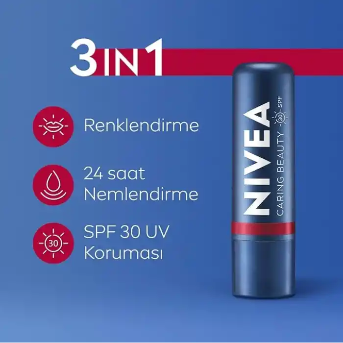 NIVEA SPF30 Kırmızı Renkli Dudak Bakım Kremi,4,8gr,24 Saat Nemlendirme,E Vitamini,Organik Badem Yağı,Shea Yağı,Dudak Ve Yanaklar İçin,Allık Etkisi,Mineral Yağı Bulunmaz