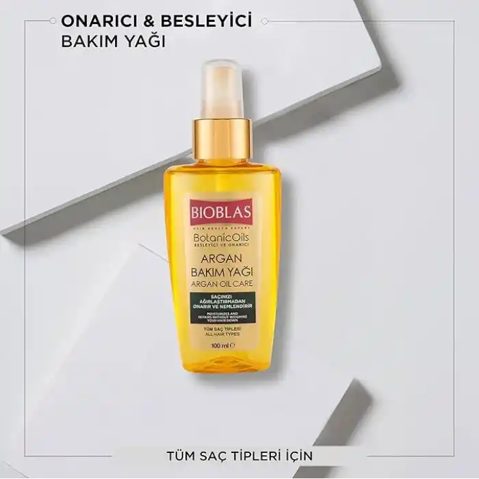 Bioblas Argan Yağlı Saç Bakım Yağı – Durulanmayan, Isıya Karşı Koruyucu, Onarıcı & Parlaklık Veren Serum,%100 Besleyici Etki, 100 ml