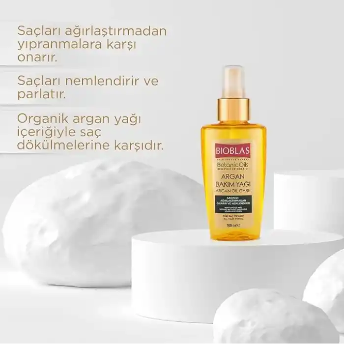 Bioblas Argan Yağlı Saç Bakım Yağı – Durulanmayan, Isıya Karşı Koruyucu, Onarıcı & Parlaklık Veren Serum,%100 Besleyici Etki, 100 ml