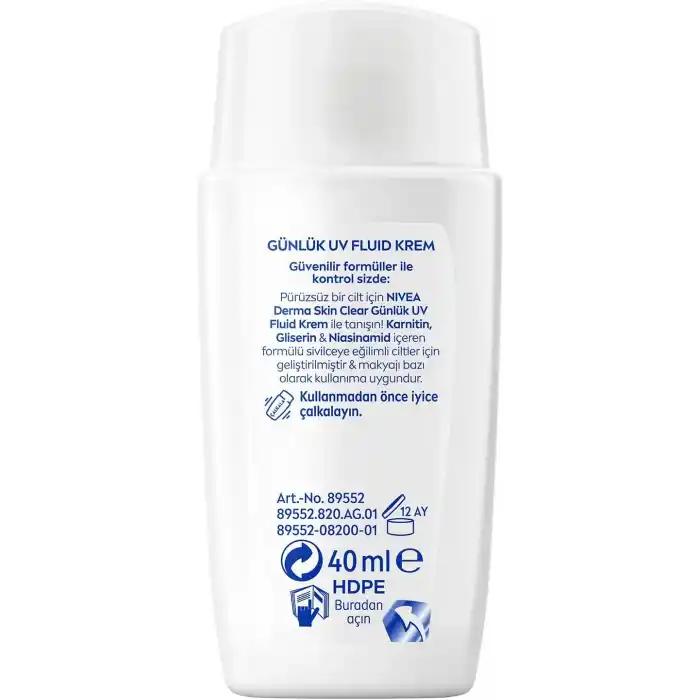 NIVEA SPF50 Derma Skin Clear Sivilce Karşıtı Gündüz Yüz Kremi 40 ml,Matlaştırıcı,Makyaj Bazı,Karnitin,Gliserin,Niasinamid,Hafif Formül
