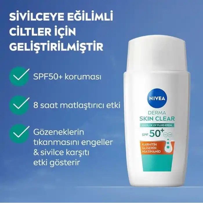NIVEA SPF50 Derma Skin Clear Sivilce Karşıtı Gündüz Yüz Kremi 40 ml,Matlaştırıcı,Makyaj Bazı,Karnitin,Gliserin,Niasinamid,Hafif Formül