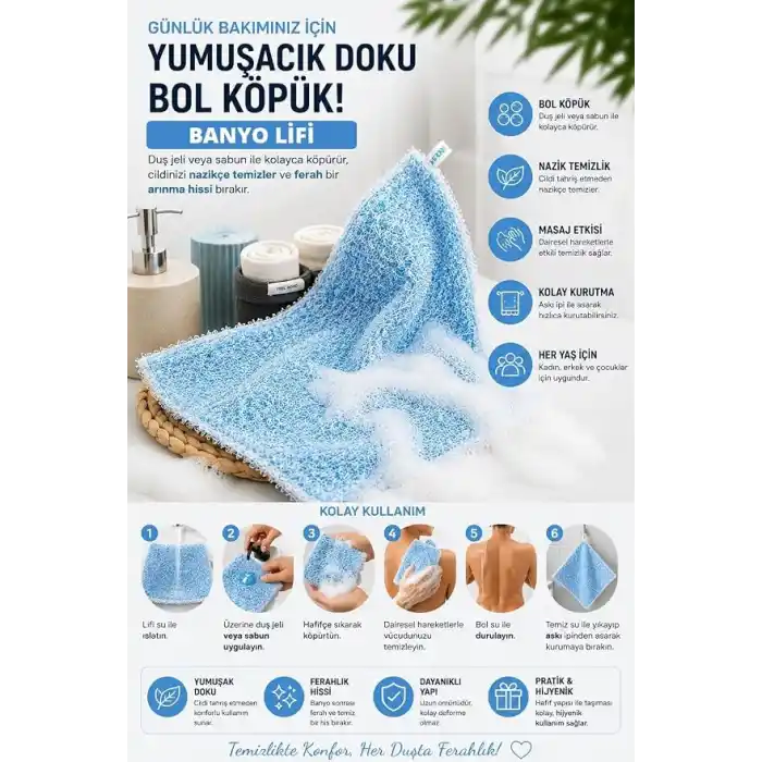 Banyo Lifi, | Yumuşak Dokulu, Bol Köpüren Vücut Temizleme Lifi | Askı İpli, Günlük Kullanıma Uygun Banyo Süngeri | Kadın Erkek Çocuk İçin 25x35CM (Mavi)