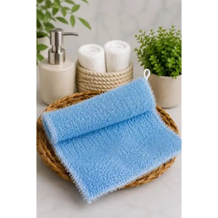 Banyo Lifi, | Yumuşak Dokulu, Bol Köpüren Vücut Temizleme Lifi | Askı İpli, Günlük Kullanıma Uygun Banyo Süngeri | Kadın Erkek Çocuk İçin 25x35CM (Mavi)