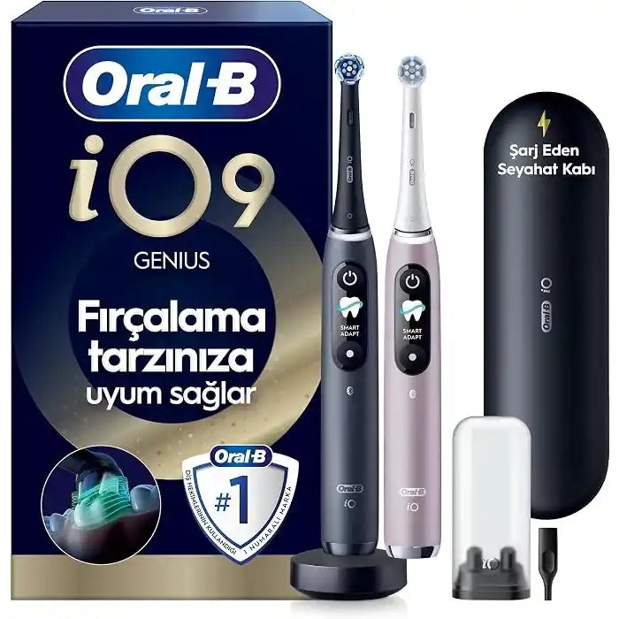 Oral-B iO9 Şarjlı/Elektrikli Diş Fırçası, 2li Set, Rose Quartz & Siyah, 2 Fırça Başlığı, Hızlı Manyetik Şarj Cihazı, Uzun Ömürlü Pil, Şarj Eden Seyahat Kabı