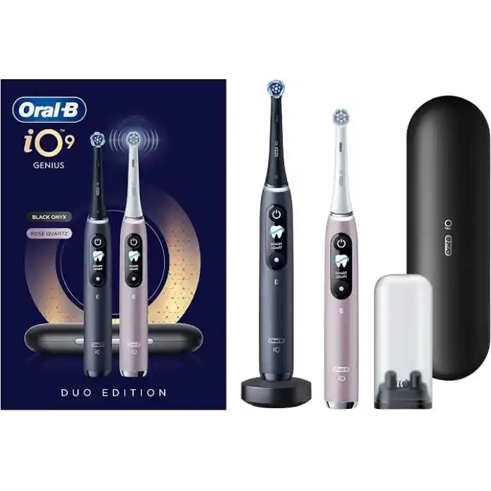 Oral-B iO9 Şarjlı/Elektrikli Diş Fırçası, 2li Set, Rose Quartz & Siyah, 2 Fırça Başlığı, Hızlı Manyetik Şarj Cihazı, Uzun Ömürlü Pil, Şarj Eden Seyahat Kabı