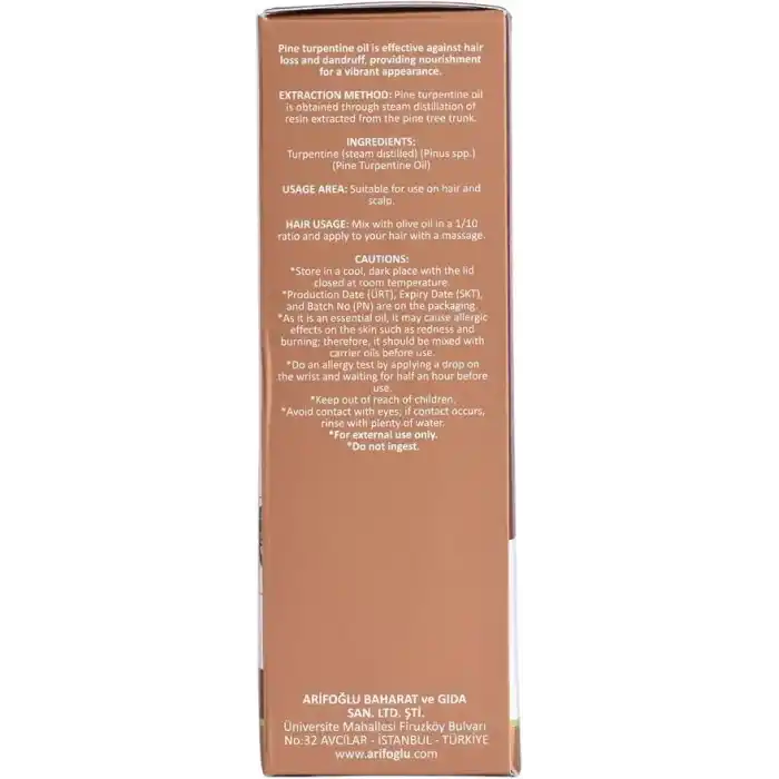 Arifoğlu Çam Terebentin Yağı 50ml, saçı besleyici doğal formülüyle saçınıza canlılık kazandırır; Arifoğlu Pine Turpentine Oil 50ml revitalizes hair with its nourishing natural formula.