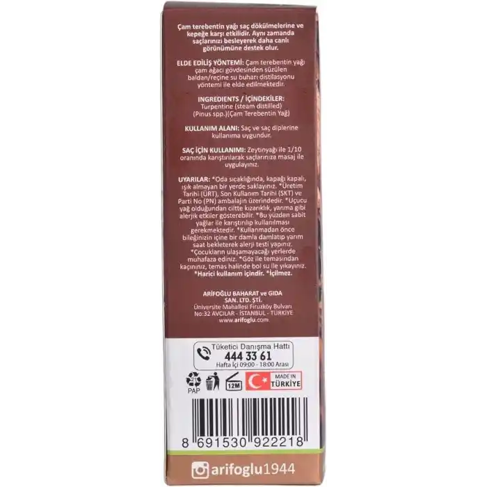 Arifoğlu Çam Terebentin Yağı 50ml, saçı besleyici doğal formülüyle saçınıza canlılık kazandırır; Arifoğlu Pine Turpentine Oil 50ml revitalizes hair with its nourishing natural formula.