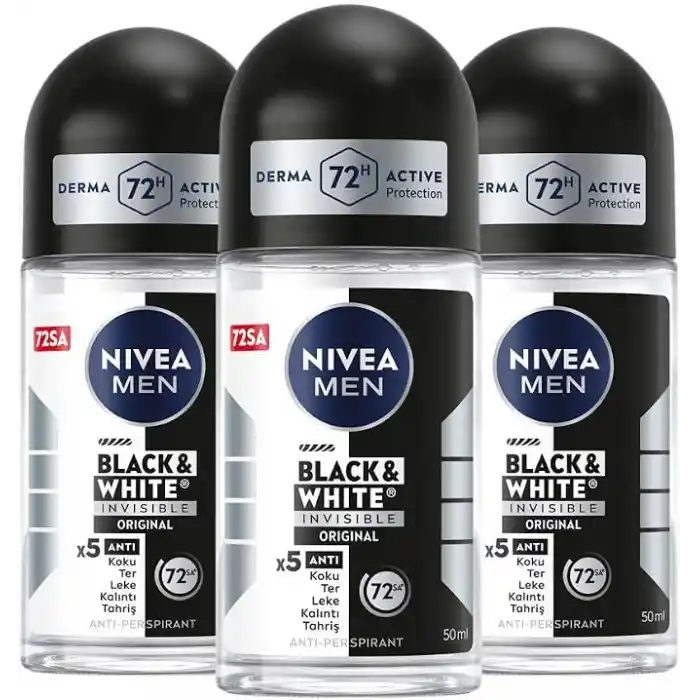NIVEA MEN Erkek Roll-on Deodorant Black&White Invisible Original 50ml, 72 Saat Anti-perspirant, X3 AdetSet P09753