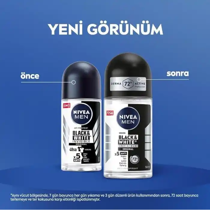 NIVEA MEN Erkek Roll-on Deodorant Black&White Invisible Original 50ml, 72 Saat Anti-perspirant, X3 AdetSet P09753