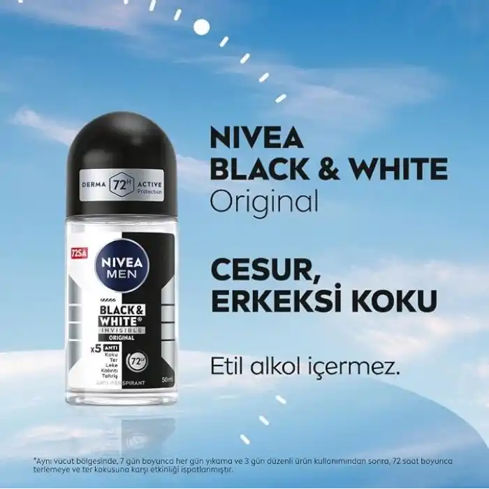 NIVEA MEN Erkek Roll-on Deodorant Black&White Invisible Original 50ml, 72 Saat Anti-perspirant, X3 AdetSet P09753