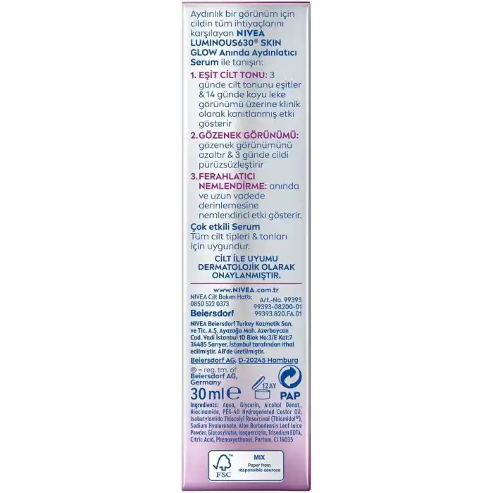 NIVEA Luminous630 Skin Glow Anında Aydınlatıcı Serum, 30 ml, Eşit Cilt Tonu,Nemlendirme,Leke Karşıtı Thiamidol,Niasinamid,Aloe Vera
