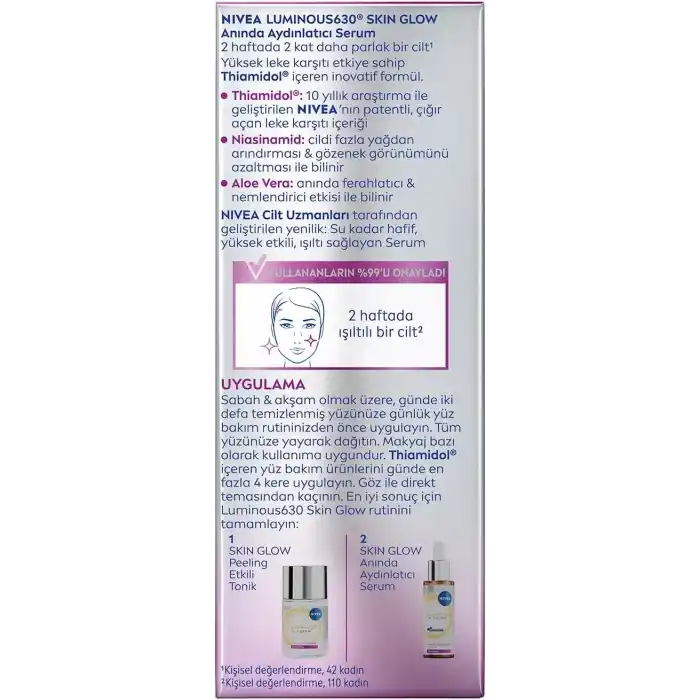 NIVEA Luminous630 Skin Glow Anında Aydınlatıcı Serum, 30 ml, Eşit Cilt Tonu,Nemlendirme,Leke Karşıtı Thiamidol,Niasinamid,Aloe Vera