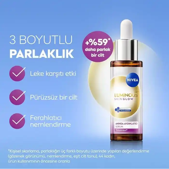 NIVEA Luminous630 Skin Glow Anında Aydınlatıcı Serum, 30 ml, Eşit Cilt Tonu,Nemlendirme,Leke Karşıtı Thiamidol,Niasinamid,Aloe Vera