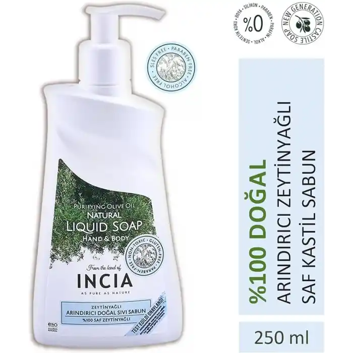 INCIA%100 Doğal Sıvı Kastil Sabunu Arındırıcı Zeytinyağlı 10 Bitkisel Değerli Yağ Vegan 250 ml