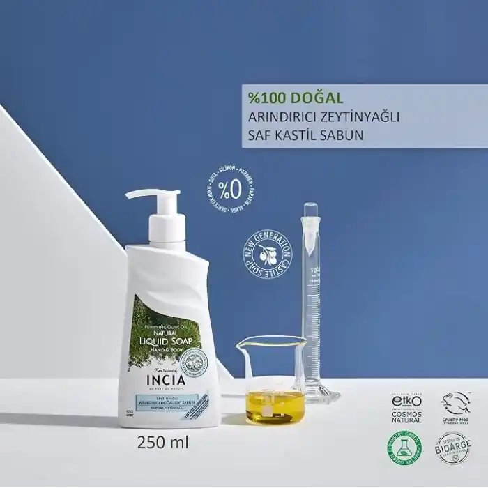 INCIA%100 Doğal Sıvı Kastil Sabunu Arındırıcı Zeytinyağlı 10 Bitkisel Değerli Yağ Vegan 250 ml