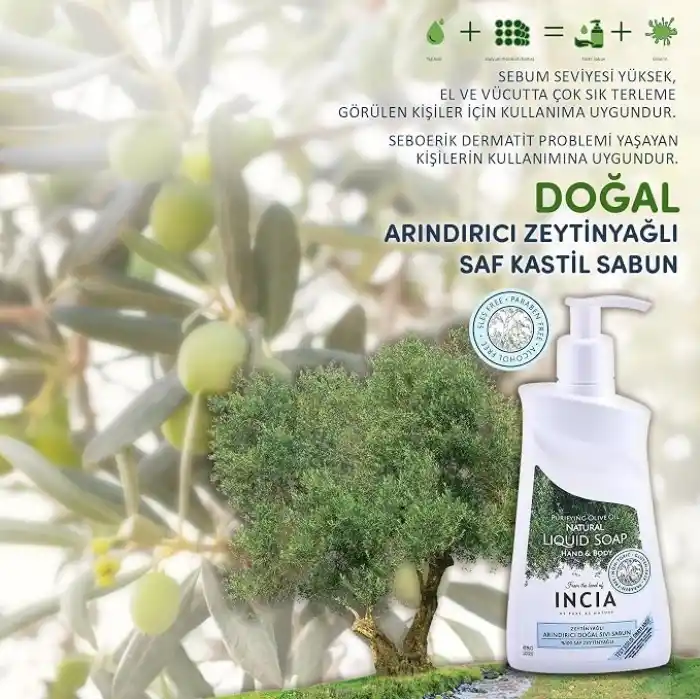 INCIA%100 Doğal Sıvı Kastil Sabunu Arındırıcı Zeytinyağlı 10 Bitkisel Değerli Yağ Vegan 250 ml
