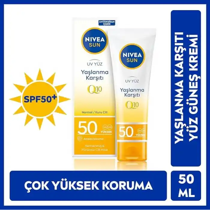 NIVEA SUN Yaşlanma ve Leke Karşıtı Q10 Yüz Güneş Kremi SPF50 50 ml, Nemlendirme, Normal ve Kuru Ciltler