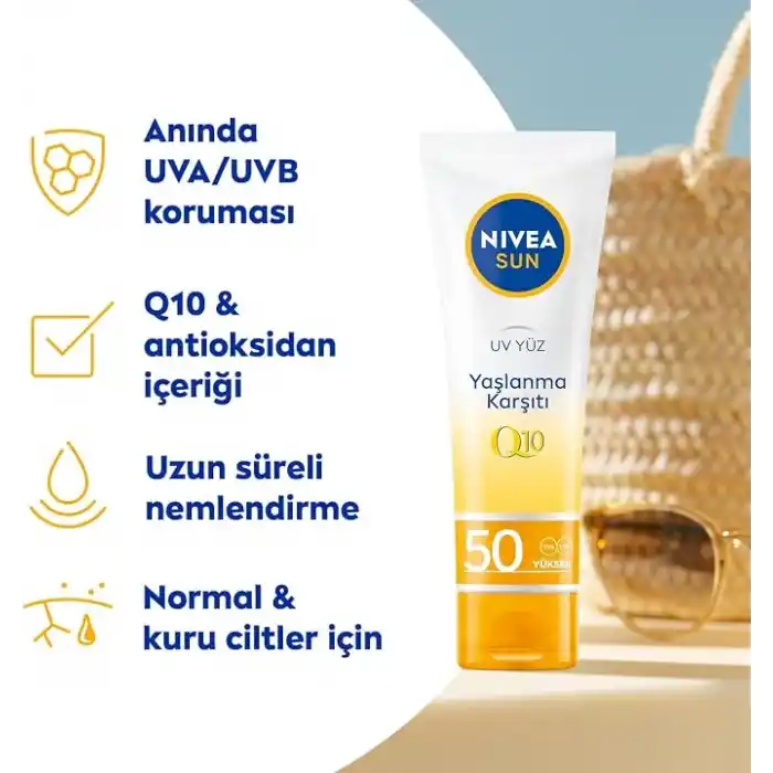NIVEA SUN Yaşlanma ve Leke Karşıtı Q10 Yüz Güneş Kremi SPF50 50 ml, Nemlendirme, Normal ve Kuru Ciltler