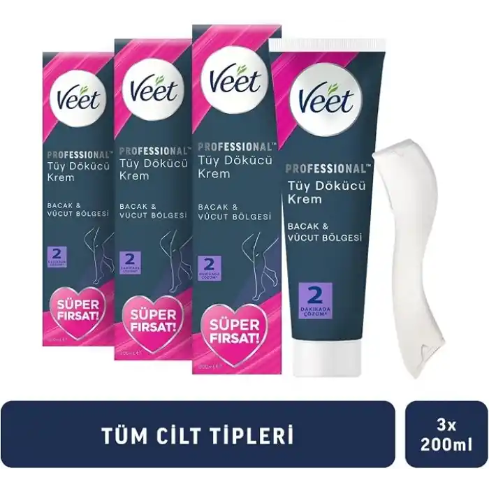 Veet Professional Tüm Cilt Tipleri İçin Tüy Dökücü Krem, 600ML Süper Fırsat Paketi (3 x 200 ML)