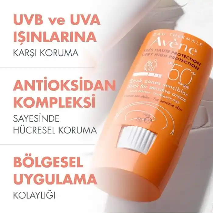 EAU THERMALE AVENE Stick Güneş Kremi SPF 50+ Hassas Bölgeler İçin Yüksek Koruma Sağlayan Güneş Koruyucu 8 gr