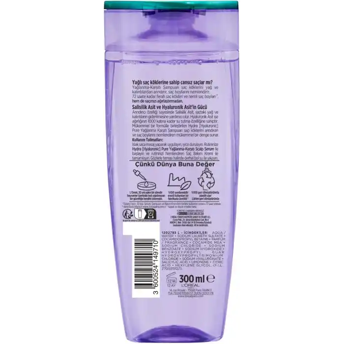 LOreal Paris Elseve Hydra Hyaluronic Pure Salisilik Asit İçeren Yağlanma Karşıtı Arındırıcı Şampuan 300 ml