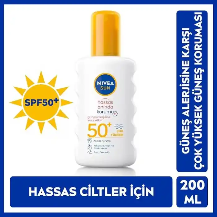 NIVEA SUN SPF50 Hassas Ciltlere Özel Çok Yüksek Güneş Koruyucu Sprey 200ml, Güneş Alerjisine Karşı Etkili,Kokusuz