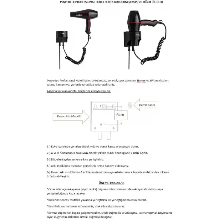 Powertec TR-301 Askı Aparatlı | Otel Tipi | Profesyonel Saç Kurutma & Fön Makinesi