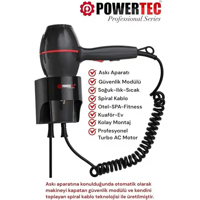 Powertec TR-301 Askı Aparatlı | Otel Tipi | Profesyonel Saç Kurutma & Fön Makinesi