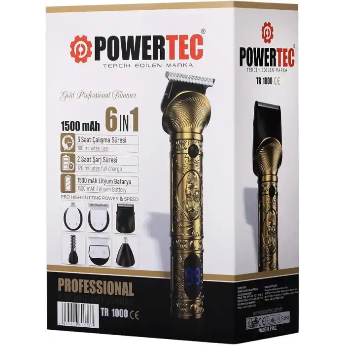 Powertec TR-1000 (6in1) 6 Başlıklı Erkek Bakım Kiti Saç Sakal Vücut Kulak Burun Kıl Tüy Alma Makinesi