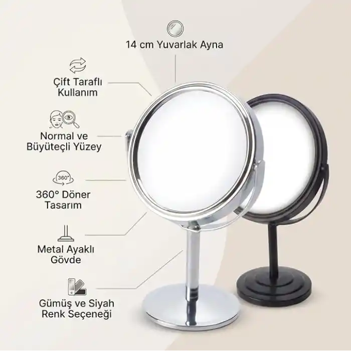 Deconox Ayaklı Çift Taraflı Makyaj Aynası, Normal ve Büyüteçli Yüzey, 360° Döner Metal Masa Üstü Bakım ve Tıraş Aynası, 14 cm
