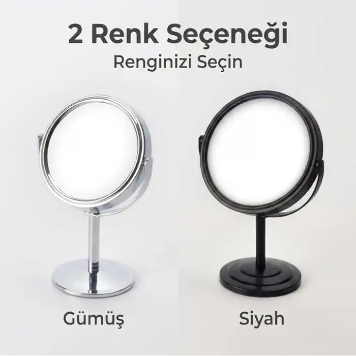 Deconox Ayaklı Çift Taraflı Makyaj Aynası, Normal ve Büyüteçli Yüzey, 360° Döner Metal Masa Üstü Bakım ve Tıraş Aynası, 14 cm