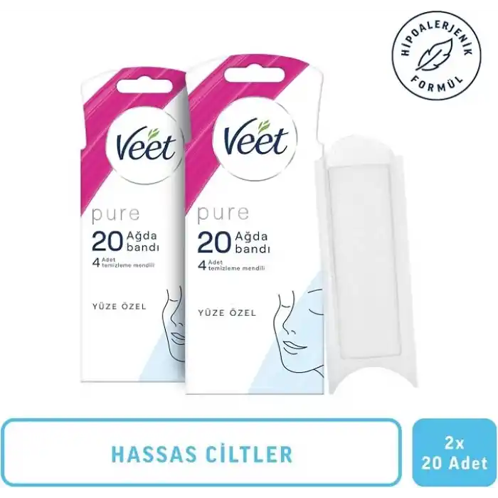 Veet Pure Hipoalerjenik Yüz Ağda Bandı, (2 x 20 Adet), Ağda Bandı, Tüy Alma