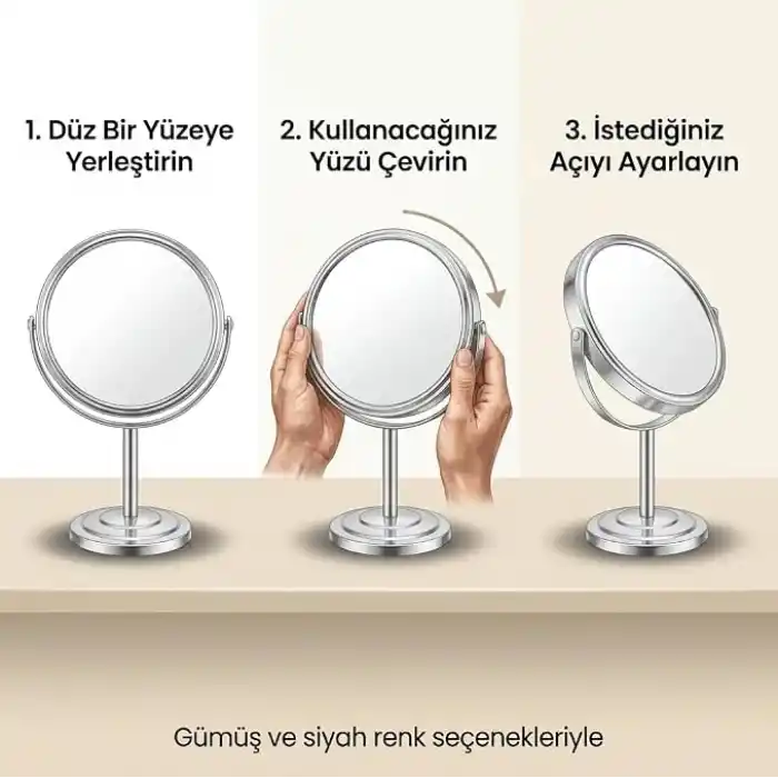 Deconox Ayaklı Çift Taraflı Makyaj Aynası, Normal ve Büyüteçli Yüzey, 360° Döner Metal Masa Üstü Bakım ve Tıraş Aynası, 14 cm