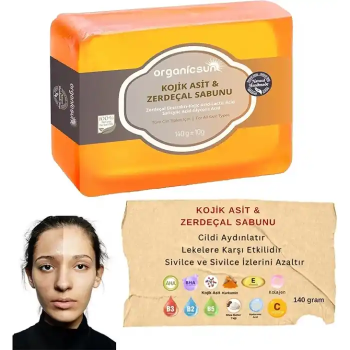 Kojik Asit & Zerdeçal Sabunu 140 Gr 1 Adet Leke ve Sivilce Karşıtı Kojic Acid - Kolajen - AHA BHA - C Vitamini - Hyaluronic Acid - Shea Butter Yağı İçerikli Aydınlatıcı Sabun
