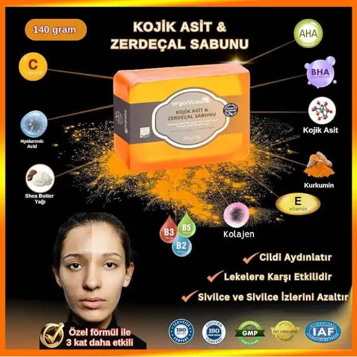 Kojik Asit & Zerdeçal Sabunu 140 Gr 1 Adet Leke ve Sivilce Karşıtı Kojic Acid - Kolajen - AHA BHA - C Vitamini - Hyaluronic Acid - Shea Butter Yağı İçerikli Aydınlatıcı Sabun