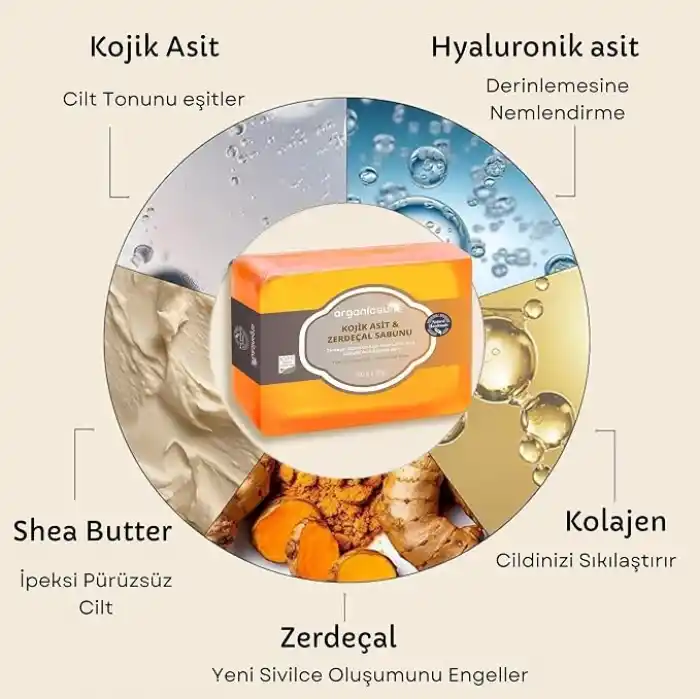 Kojik Asit & Zerdeçal Sabunu 140 Gr 1 Adet Leke ve Sivilce Karşıtı Kojic Acid - Kolajen - AHA BHA - C Vitamini - Hyaluronic Acid - Shea Butter Yağı İçerikli Aydınlatıcı Sabun