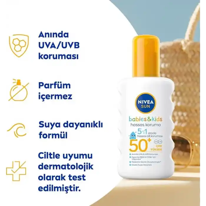 NIVEA SUN SPF50+ Çocuklar ve Bebekler İçin Yüksek Güneş Koruyucu Sprey 200ml,Hassas Cilt,Parfümsüz